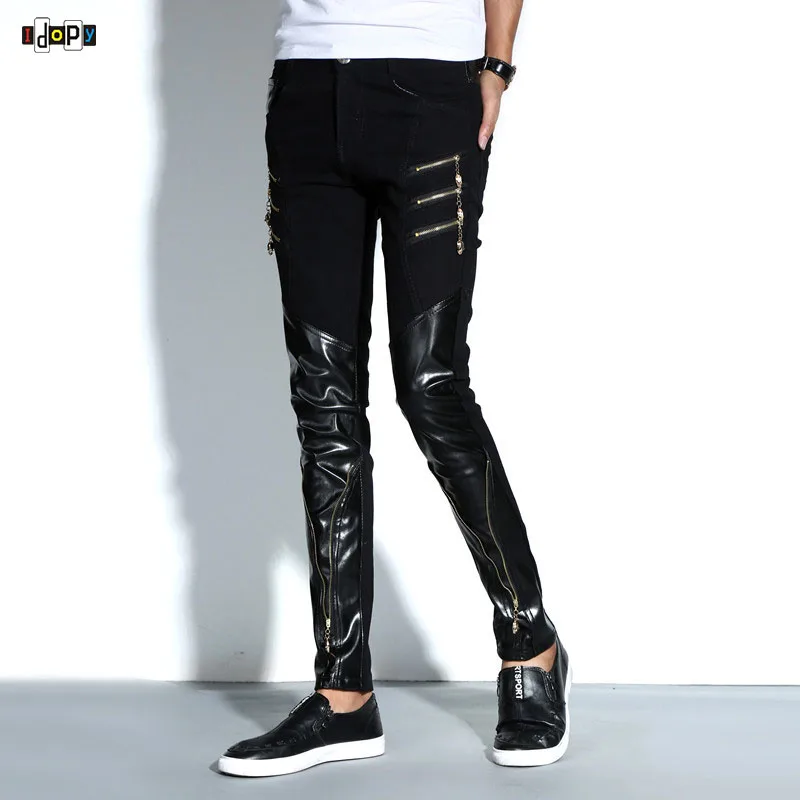 

Fashion Men's Night Club DJ Pants Skinny Patchwork PU Leather Pants With Zippers Punk Style Black Trousers For Men