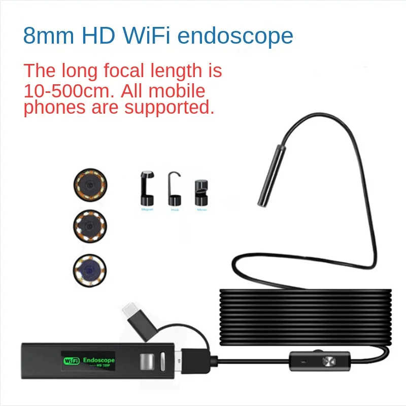 1200P Endoscope 8mm Far and near Focus WiFi 2 Million Pixels HD Industrial Pipe Car Endoscope