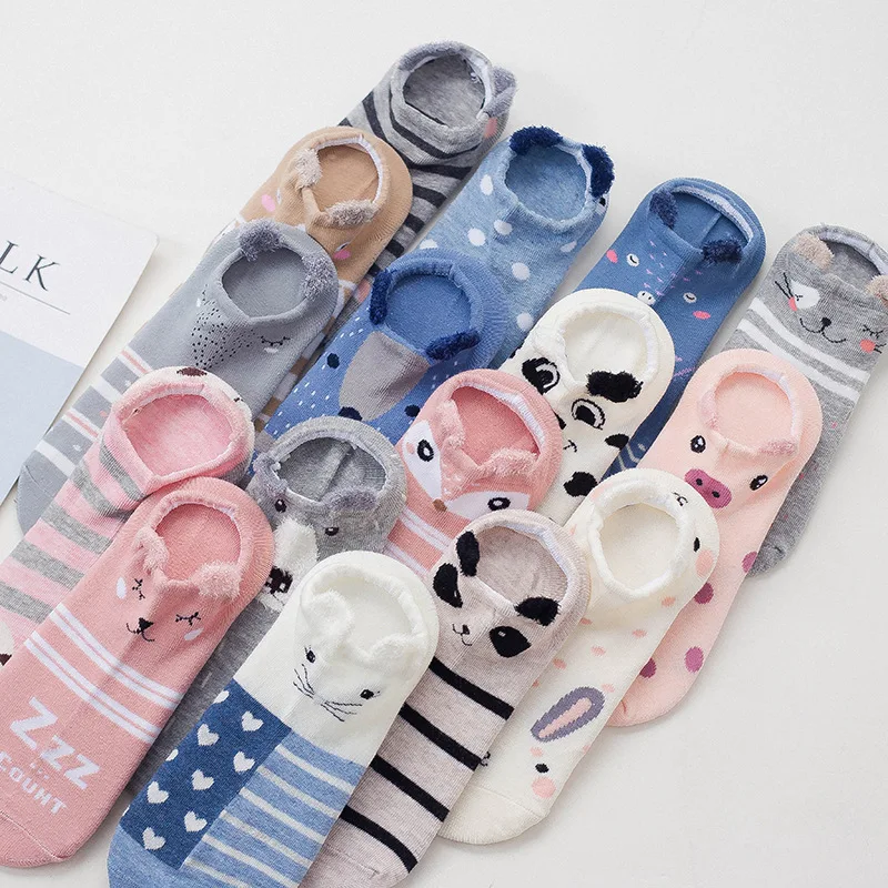 16 Pairs/Pack Funny Cute Animal Women Cotton Socks Kawaii Boat Sock Cat Summer Casual Women Short Socks Soft Slippers Wholesale