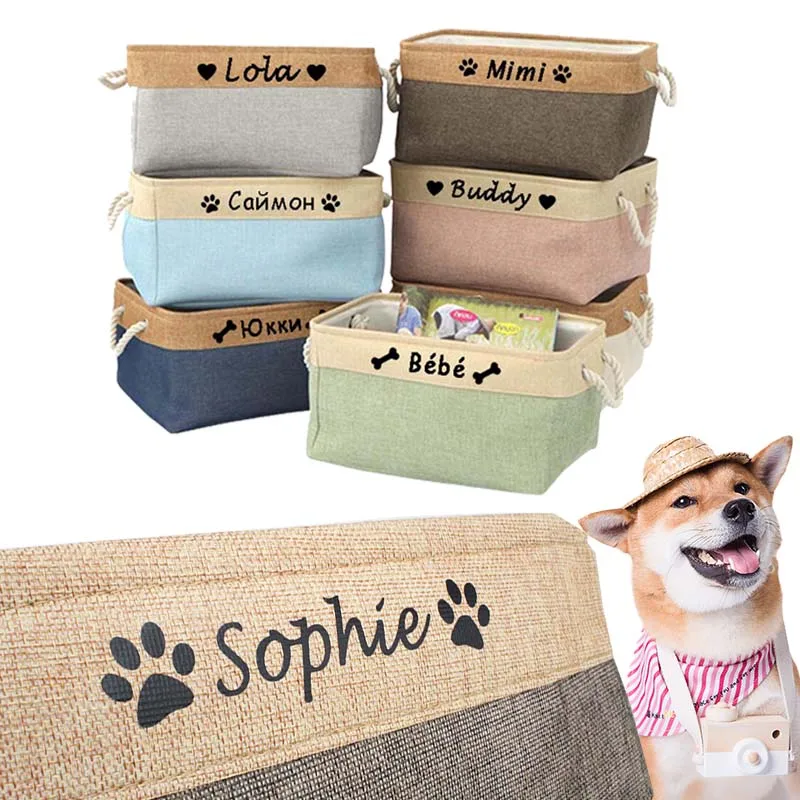 

Personalized Pet Toy Storage Basket Toy Clothes Bin Dog Custom Name DIY Canvas Collapsible Box Free Print ID Pet Accessories