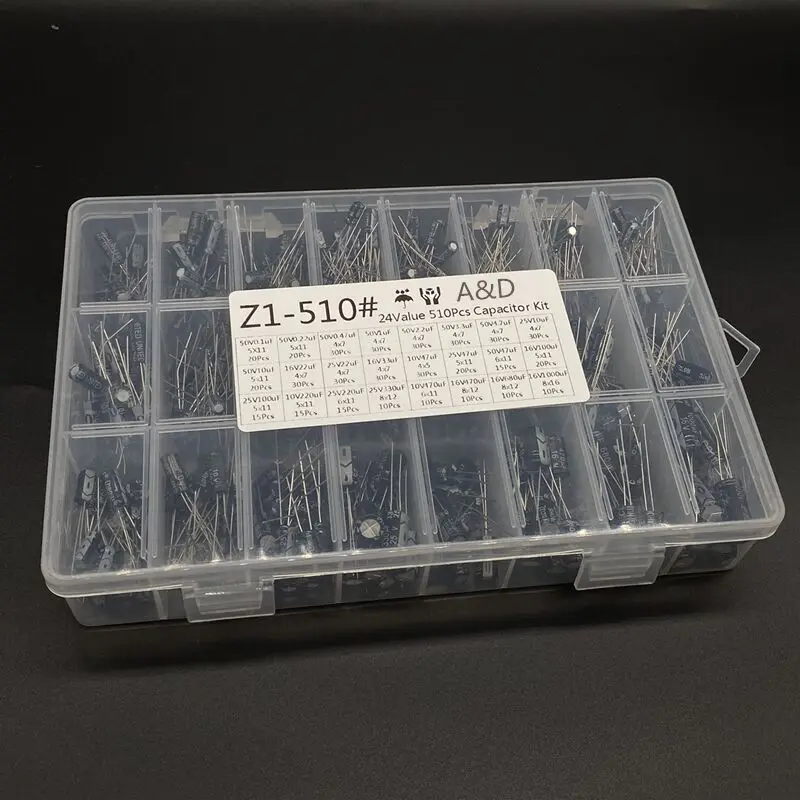 510Pcs/lot 0.1UF-1000UF 24Values Aluminum Electrolytic Capacitors 16-50V Mix Electrolytic Capacitor Assorted Kit And Storage Box