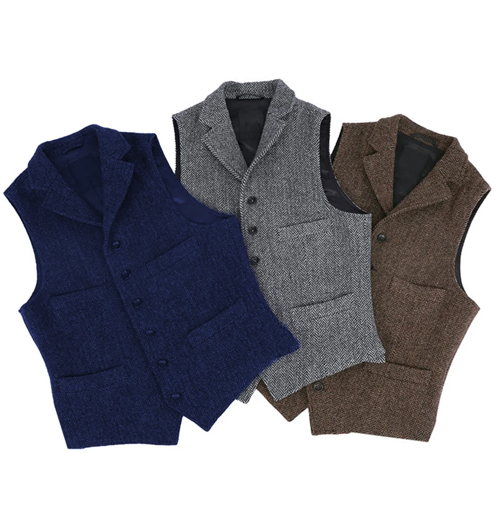 Chaleco informal de Tweed para hombre, prenda de lana ajustada con solapa de muesca y espiga, para boda y ocio, marrón/azul/verde/negro