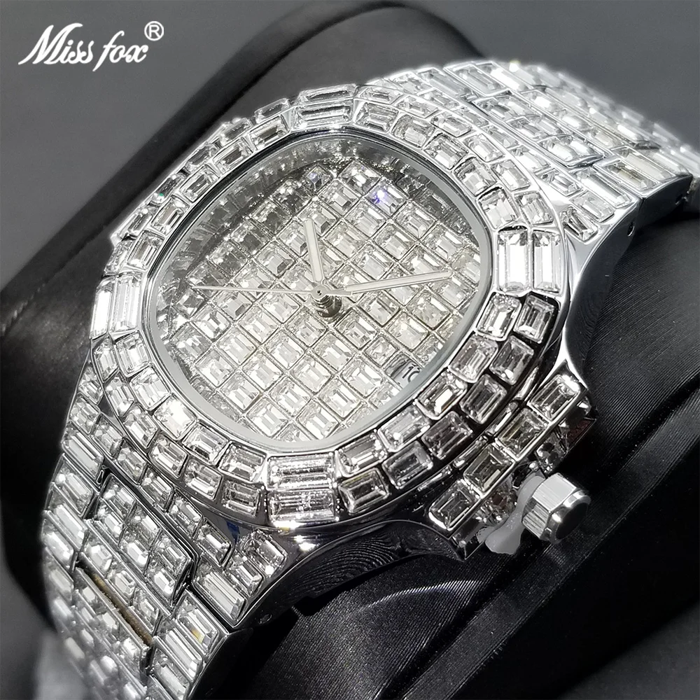 Full Diamond Men Watch Ice Out Luxury Silver Quartz Male Wristwatch Hip Hop Bling Waterproof Automatic Date Watches Dropshipping