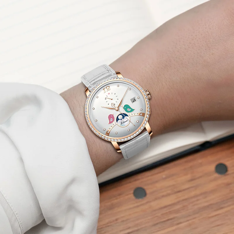 LOBINNI 여성용 정품 가죽 스트랩 시계, 문페이즈 자동 기계식 시계, 사파이어 유리, 방수, 패션