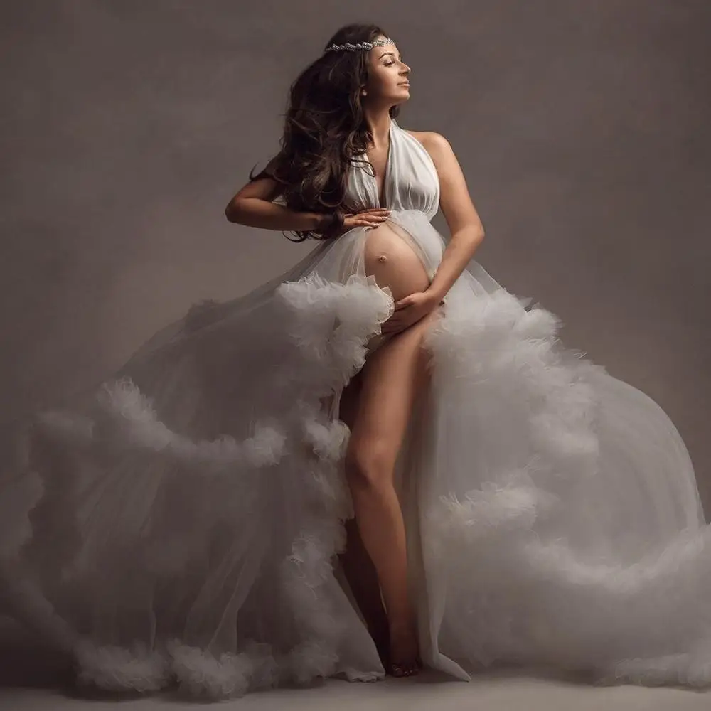 Chic White Ruffle Tulle Dress For Mother Tiered Pleated Long Dress Women Photo Shoot Tulle Maternity Robes Custom Made