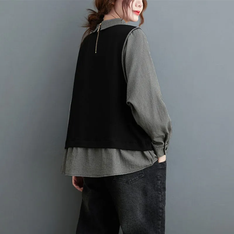 Women Casual Blouses Shirts New 2020 Autumn Korean Simple Style Vintage Patchwork Color Female Cotton Linen Tops S2329