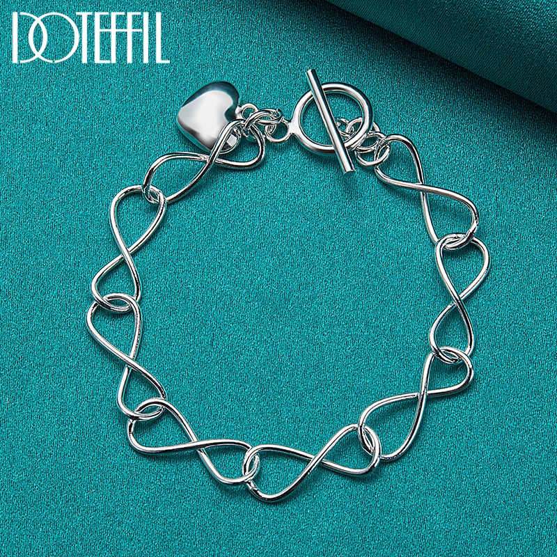 

DOTEFFIL 925 Sterling Silver Solid Heart Pendant Bracelet Chain For Woman Charm Wedding Engagement Party Fashion Jewelry