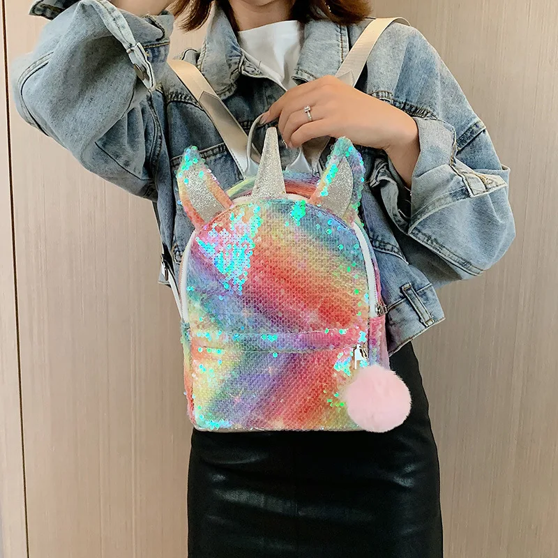 Stylish Unicorn Sequins Backpack Fashion Portable Shoulder Bag School Storage Bag Colourful Shining Backpack for Girls