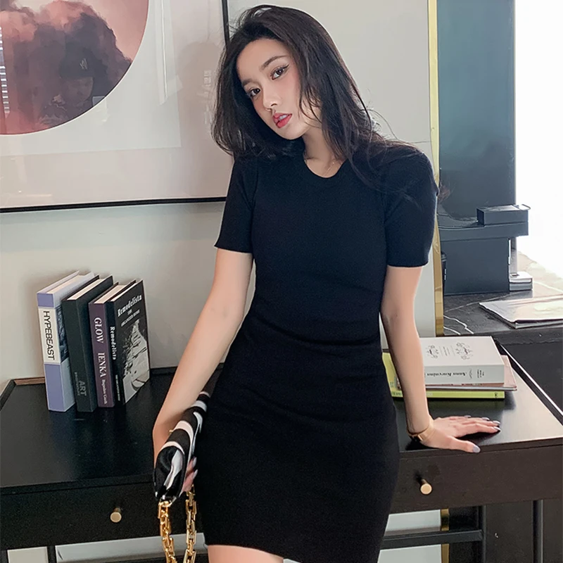 Dresses For Women 2022 Summer Korean Style Casual Solid Mini O Neck Short Sleeve Knitted Woman Slim Thin Black Bodycon Dress