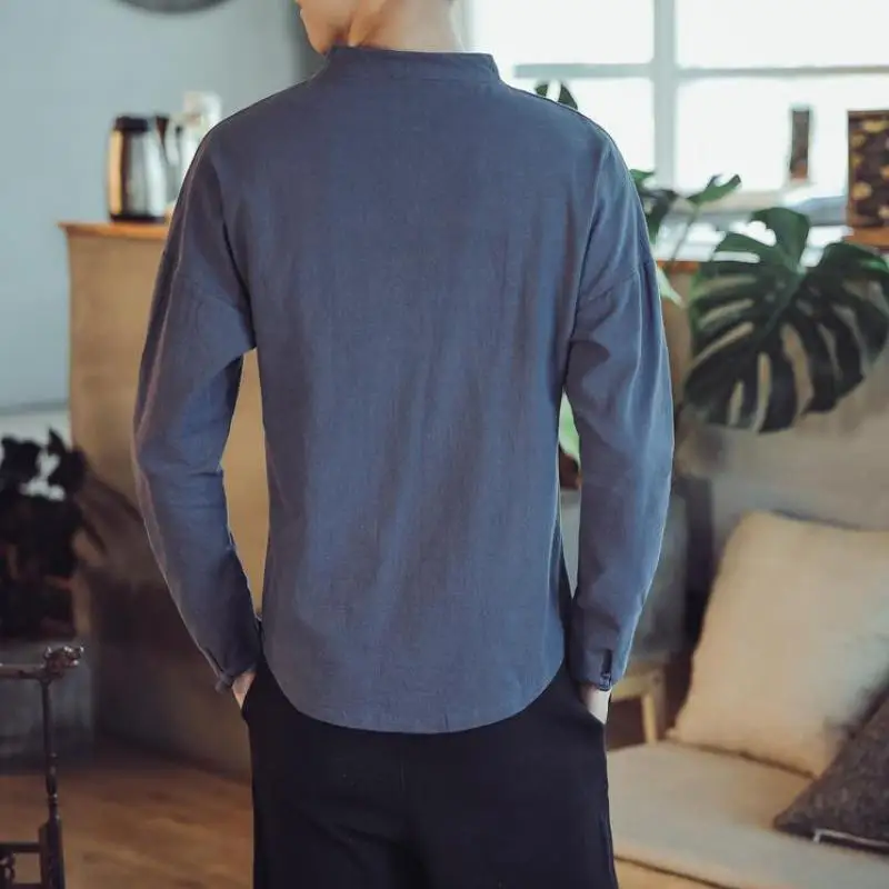 남성용 M-5XL 무지 색상 긴팔 블라우스, V넥 전통 중국 의류, 남성 셔츠, XXXXXL, 가을