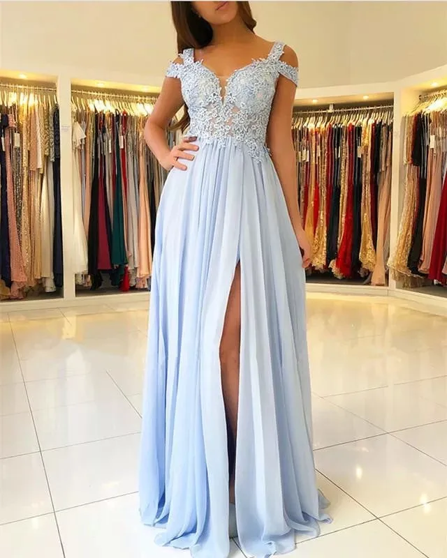 Vestido de noche azul cielo, traje largo con abertura lateral, hombros descubiertos, apliques de encaje, fiesta de graduación, invitados de boda, dama de Honor, 2023