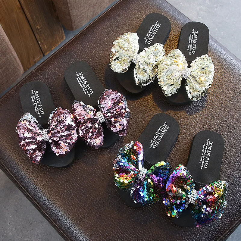 Fashion Sequin Bow Girl Slippers Princess Shoes Children Beach Slipper Girl Sandals Flats Non-slip Soft Kids Slippers