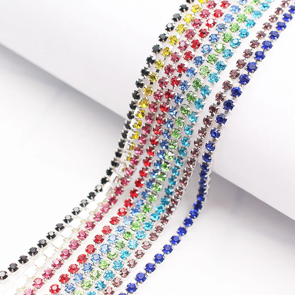 1 Meter Rhinestones Chain Silver Base Shine Crystals Stones Strass Trim Sewing Rhinestones for Needlework Cothing Gems Crafts