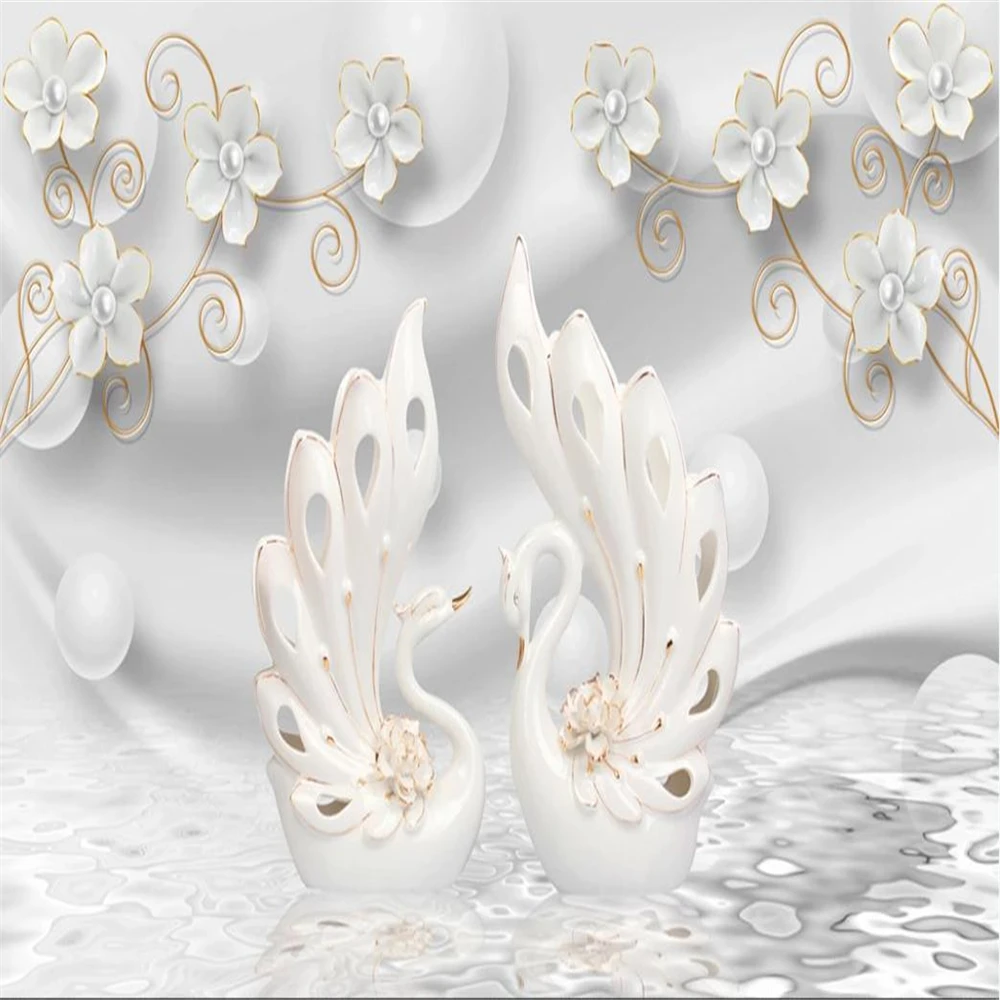 

Photo 3D white jewelry flowers swan wallpapers stereo background wall modern wallpaper for living room
