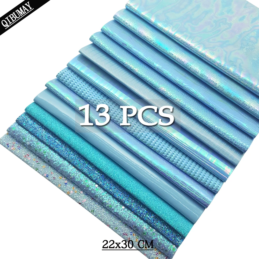 QIBU 22*30cm 13pcs Blue Synthetic Leather Chunky Glitter Holographic Fabric A4 Mermaid Smooth Vinyl Fabric Material For Bows Bag