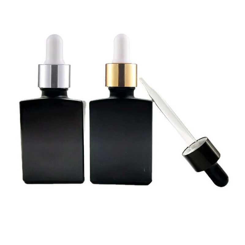 

12pcs/lot 30ml Frost Black Square Flat Glass Bottle with Aluminum Dropper 1oz Empty Glass Pipette Container