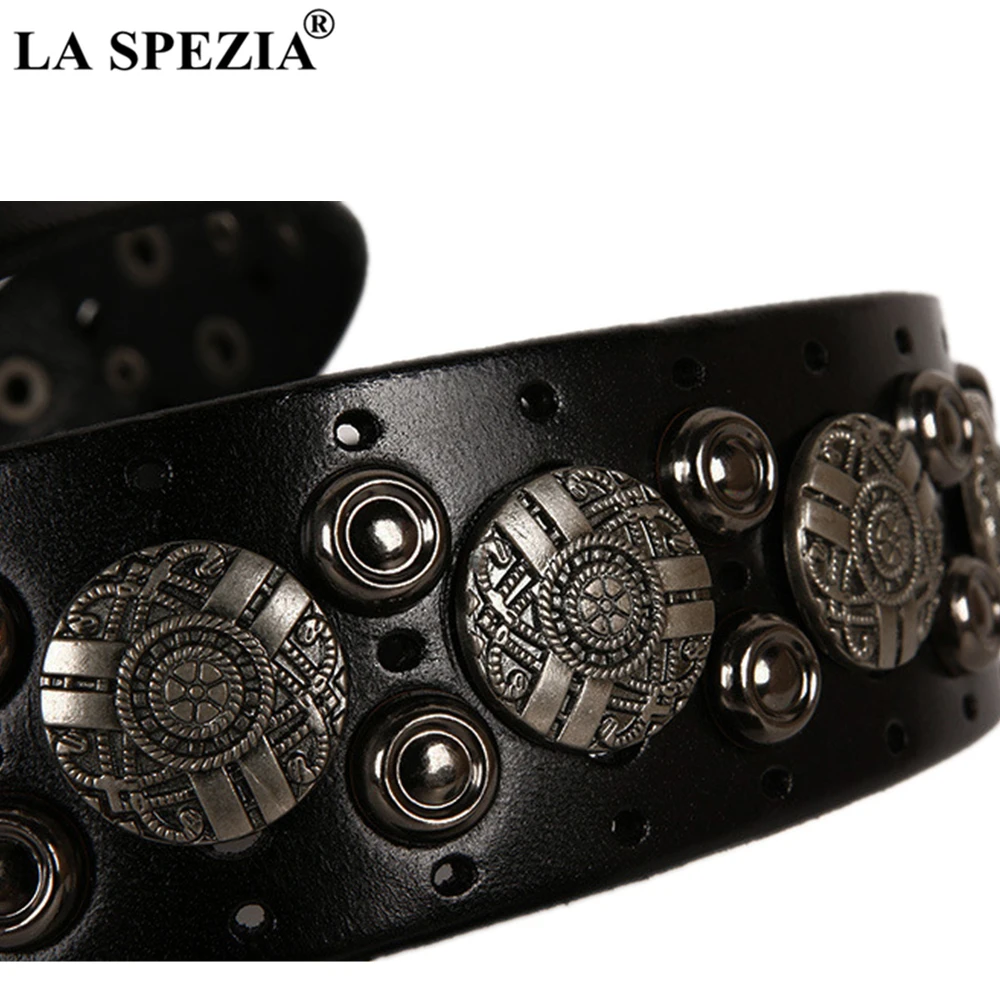 LA SPEZIA Punk Rock Belts for Men Real Patent Leather Steampunk Accessories Buckle Belts Male Rivet Black Waist Belt