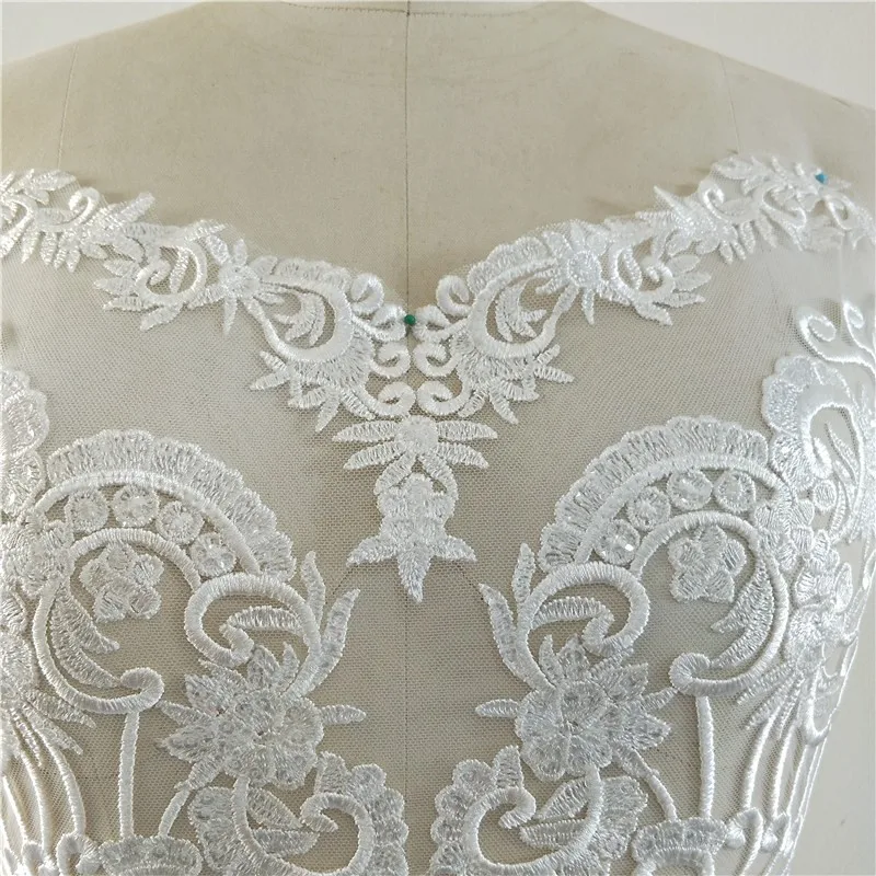 1Pc Long Clear Sequins Ivory Embroidery Body Lace Flower Patch Wedding Evening Dress Decorative Material Accessory