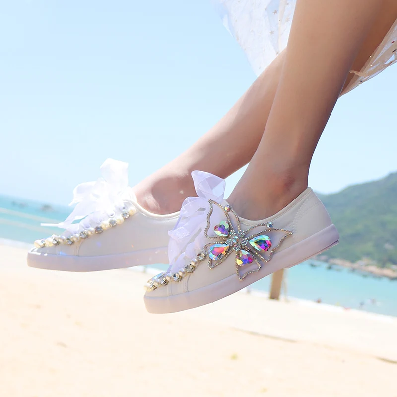 AB Gem Crystals Sneakers Women\'s Vulcanized Shoes Woman Pearls White Sneaker Ladies Trainers Canvas Casual Shoes Tenis Feminino