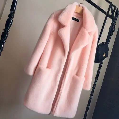 New Women Winter Warm Faux Fur Coat Thick Women Middle -Long Overcoat Turn Down Collar Women Warm Female Casaco Femininoats