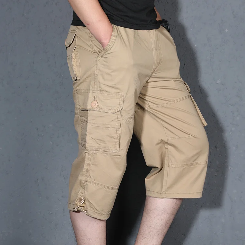 Cargo Short Mens Summer Fashion Male Long Multi-Pockets Casual Capri Pants Work Trousers Cotton Twill Relaxed Shorts for Men