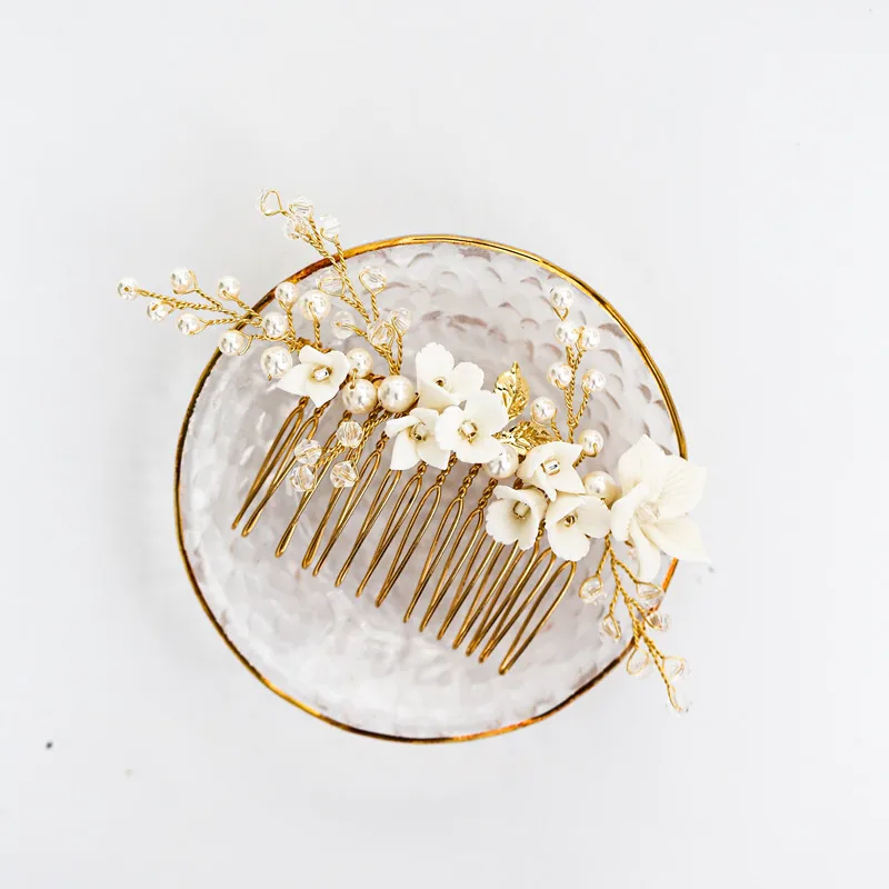 Floralbride Handmade Wired Alloy Ceram Flower Pearl Bridal Hair Comb Wedding Headdress Hair AccessoriesBridesmaids Women Jewelry