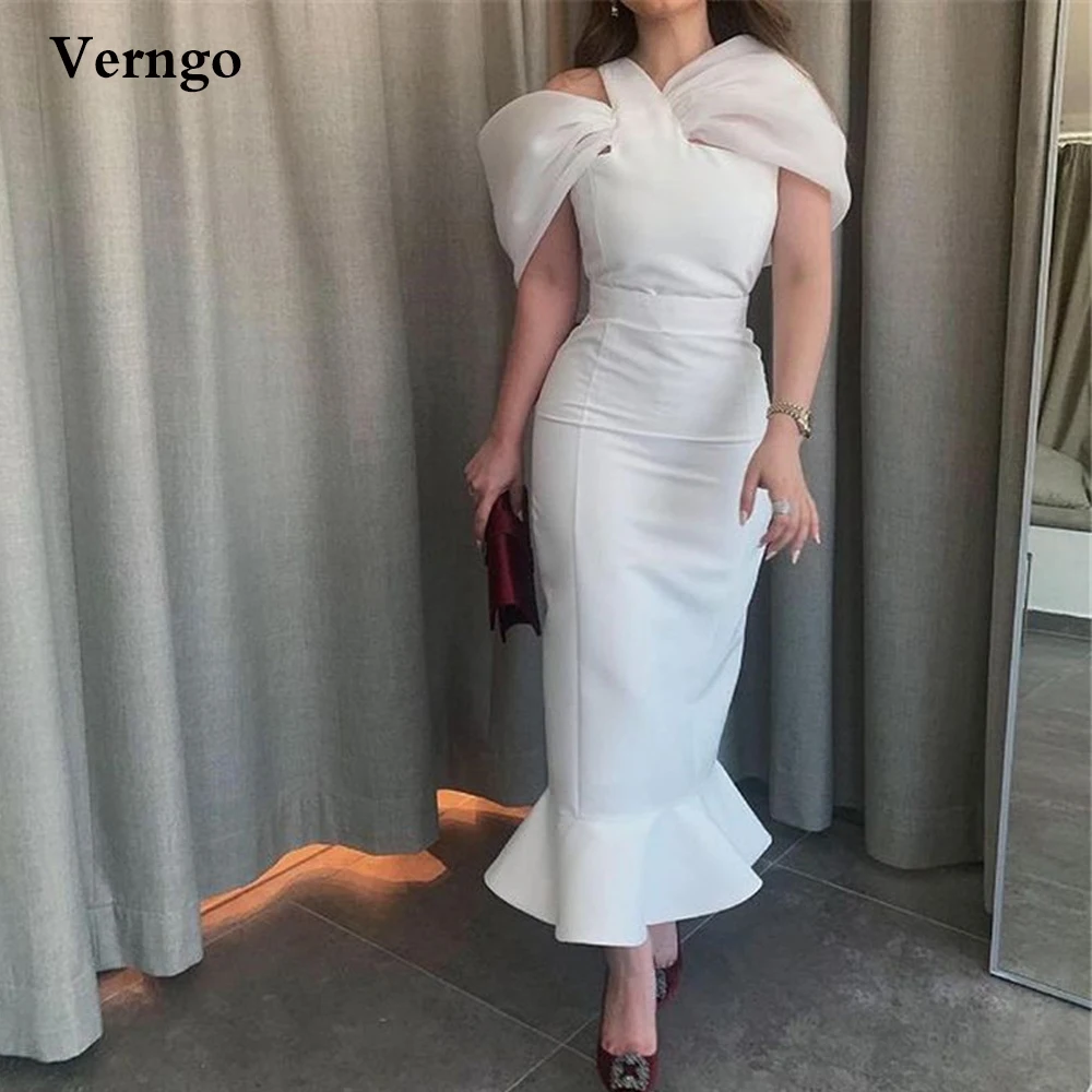 

Verngo Elegant White Mermaid Evening Dress Straps Sleeves Sheath Bodycon Lady Party Dress Ankle Length Formal Prom Gowns