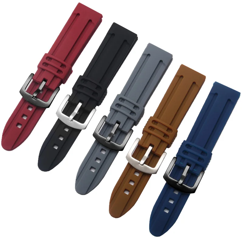 18mm 20mm 22mm 24mm Silicone Watchband  Black Brown Red Gray Blue Strap With Pin Buckle For Men's Sport Bracelet