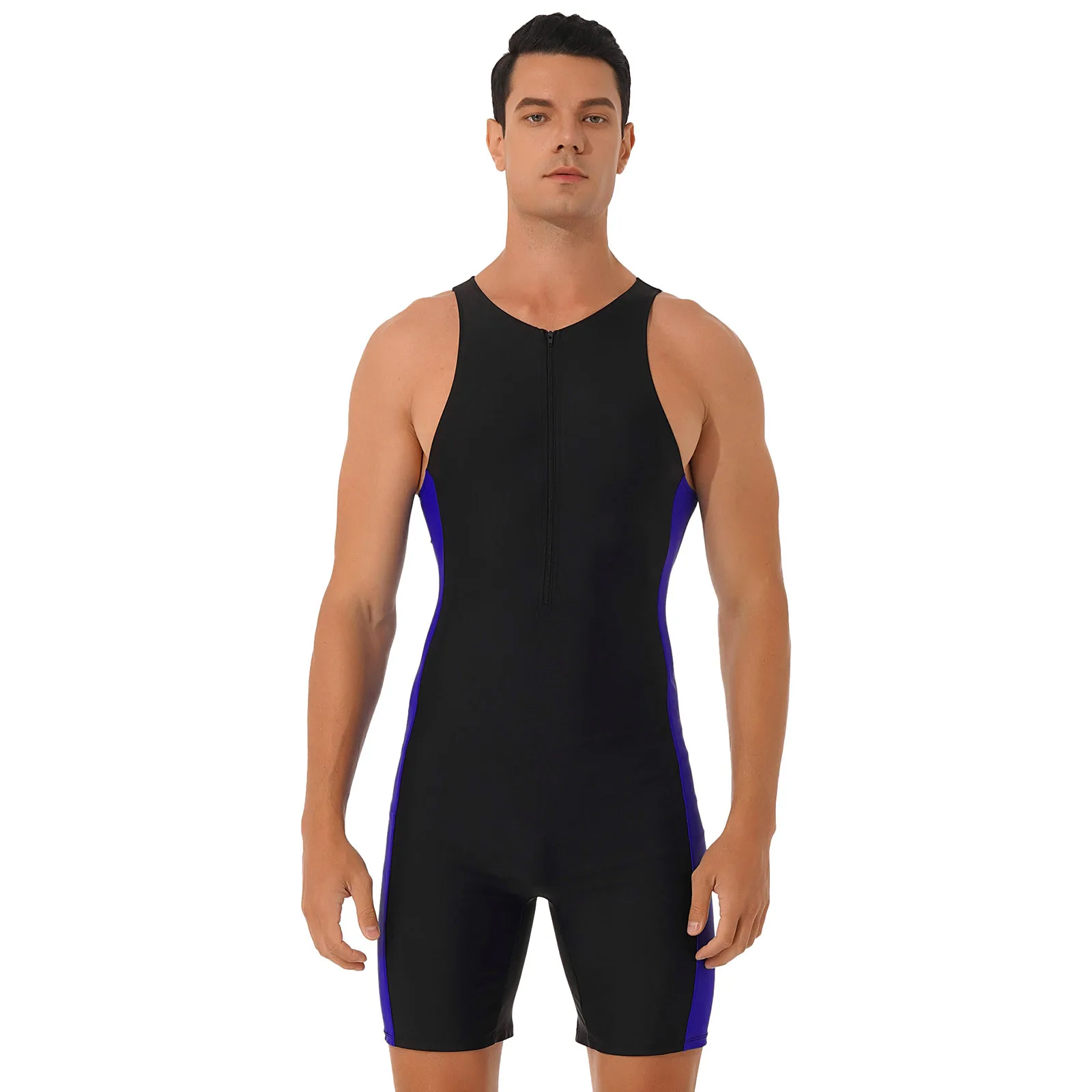 Men\'s One Piece Bodysuit Swimwear Sleeveless Front Zipper Leotard Wetsuits Swimsuit Sun Protection Rash Guard Swimming Outfit