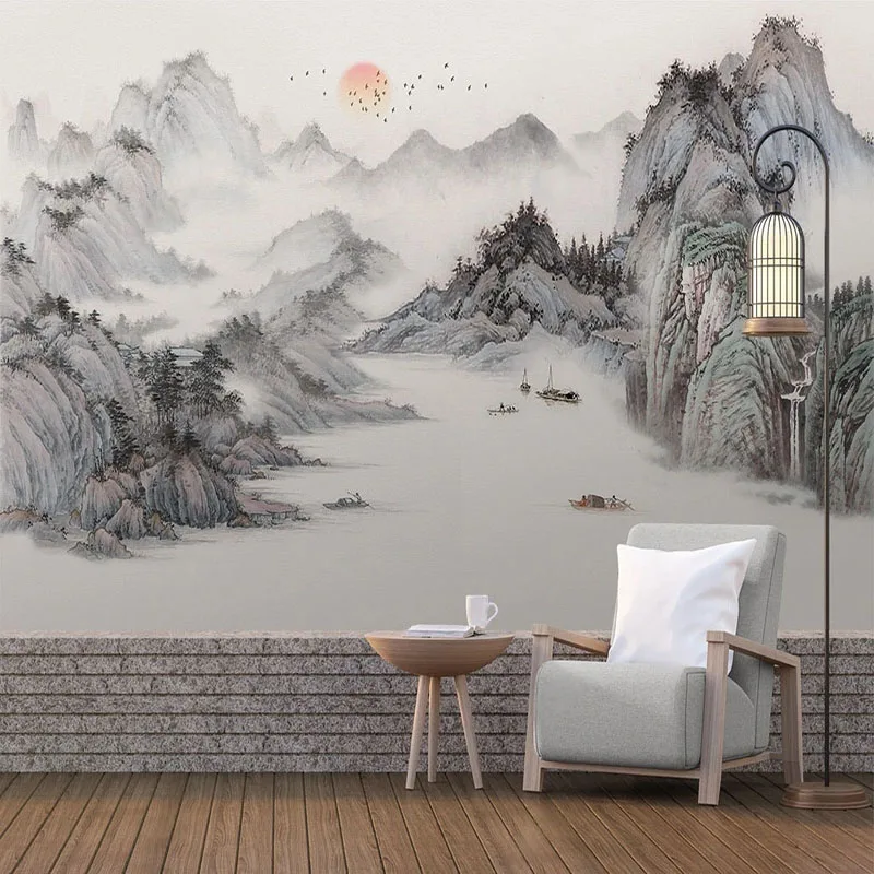 Foto Tapete Chinesischen Stil Malerei Landschaft Abstrakte Wohnzimmer TV Hintergrund Wandbild Wohnzimmer TV Sofa 3D Wohnkultur