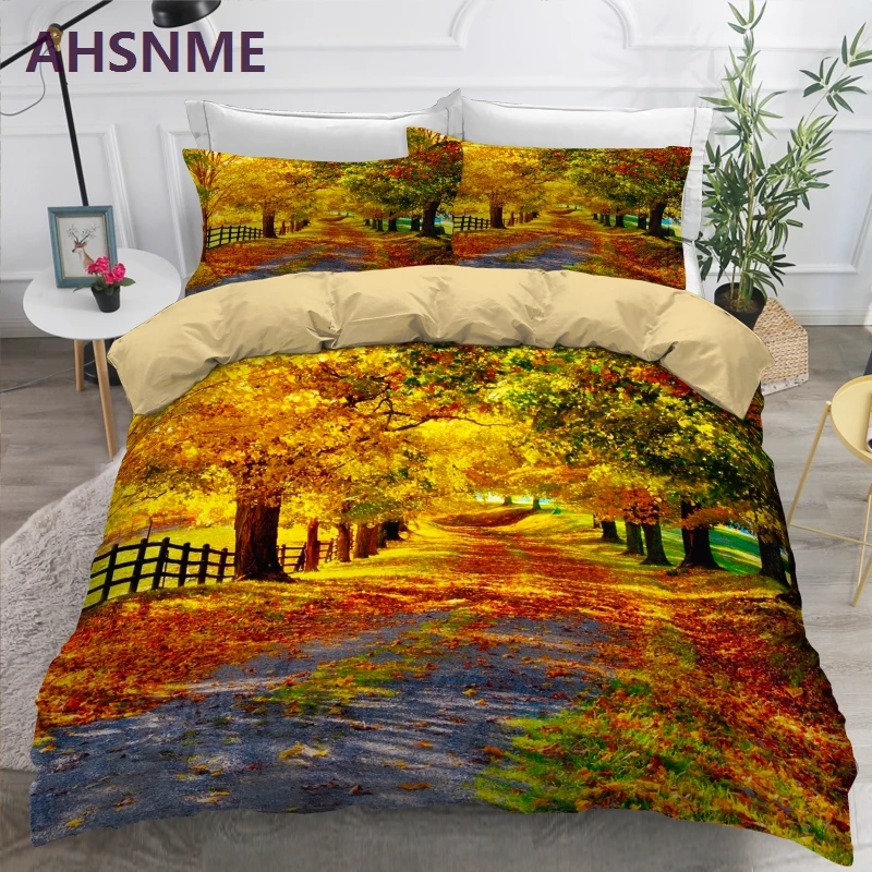 Imagem -05 - Ahsnme 3d Outono Floresta Profunda Cênica Conjunto de Cama Vermelho Quilt Cover com Fronha sem Folhas Consolador Conjuntos Cama Rainha Rei Tamanho