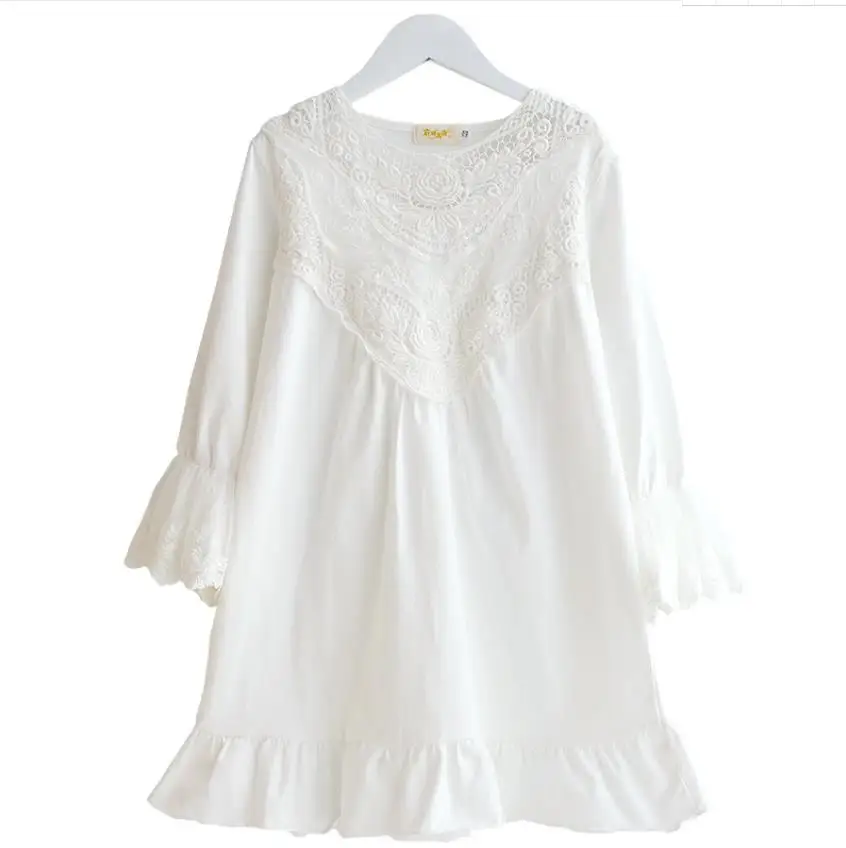 Sping outono novo bebê menina manga longa camisola crianças 100% algodão vestido de sono crianças rendas princesa pijamas macios 2-16y wz250