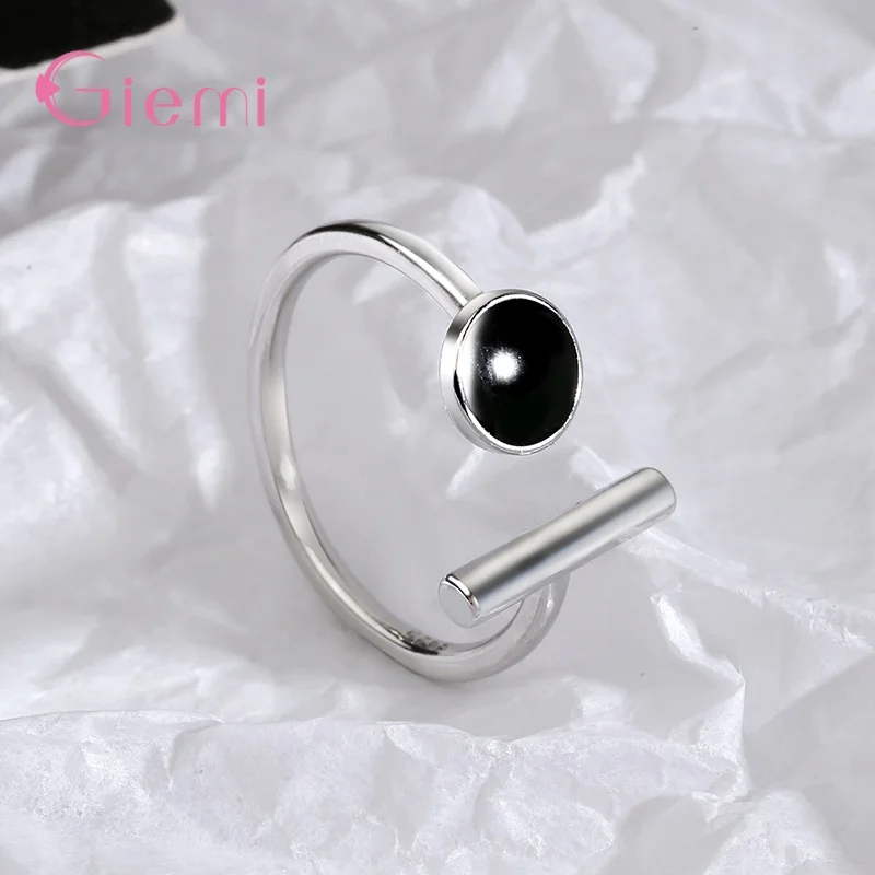 Simple 925 Sterling Silver Bars Opening Rings For Women Men Adjustable Size Round Enamel Finger Rings Jewelry Supplies Gift