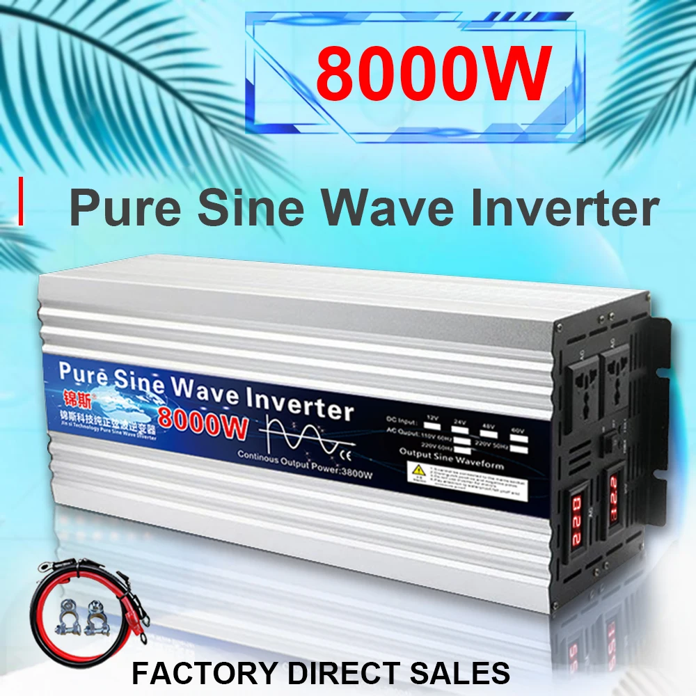 Inwerter 12V 24V 48V 60V 220V czysta fala sinusoidalna falownik 4000W 8000W moc inwerter słoneczny DC 12V do 220V konwerter domowy wyświetlacz LED