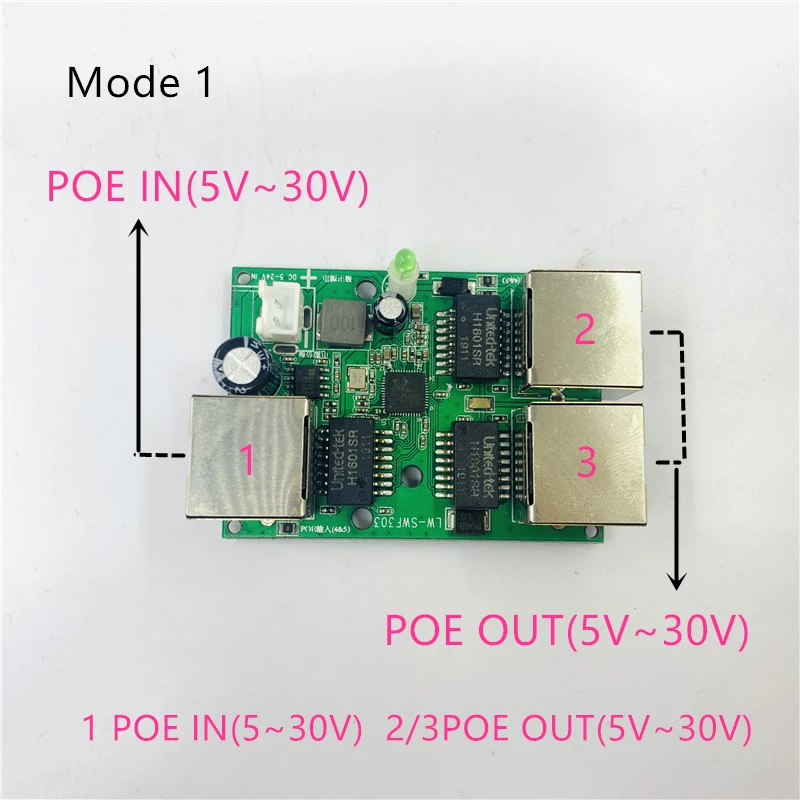 Reverse power supply POE switch POE IN/OUT5V/12V/24V 75W/2=38.5W 100mbps 802.3AT 45+78- DC5V~30V long distance series Force POE