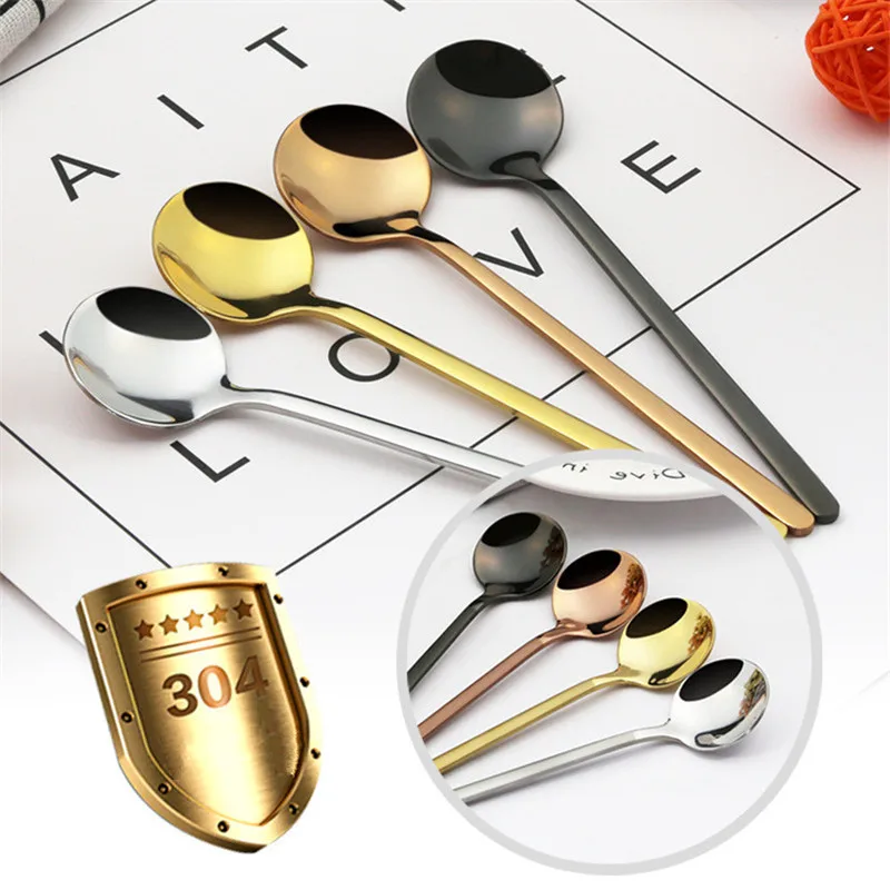 

304 stainless steel coffee spoon creative frosted handle mug spoon Korean gilded small round spoon dessert spoon teaspoon2022