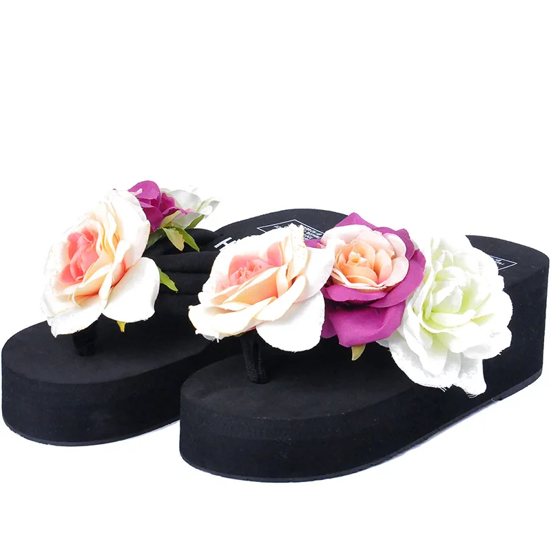 5 CM High Heel Women Summer Flip Flops Sandals Flower Wedge Heel Holiday Female Slippers Outdoor Non-Slip Beach Shoes