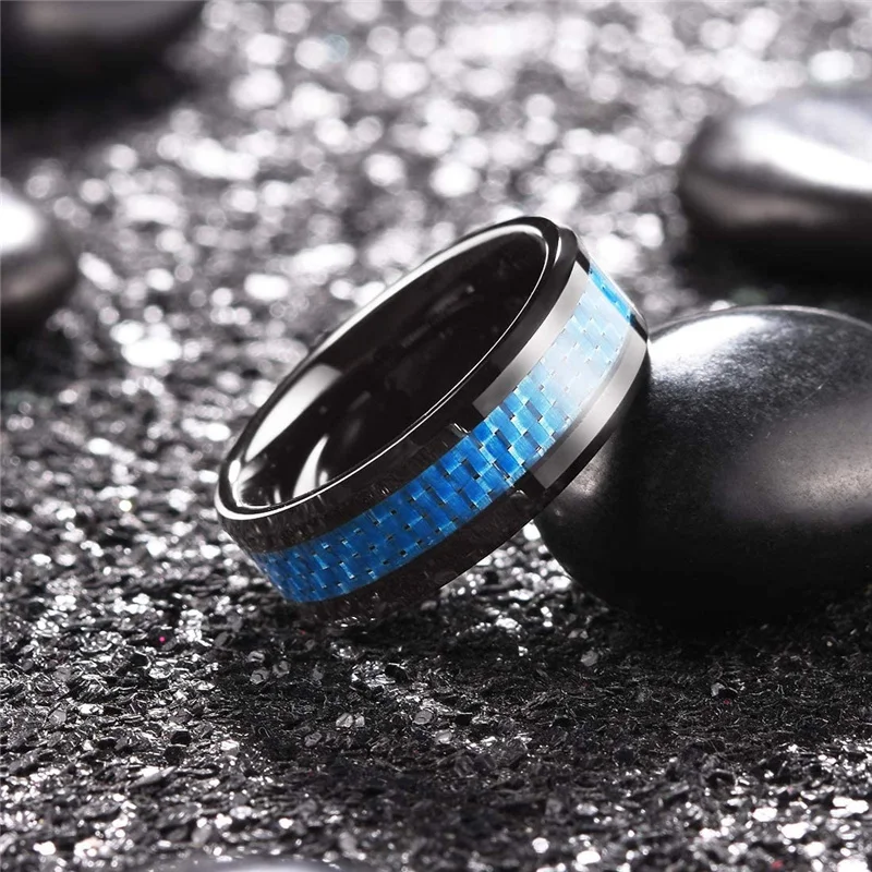 8mm Men Rings Blue Carbon Tungsten Carbide Stainless Steel Ring Wedding Engagement Bands For Men Birthday Gift Jewelry