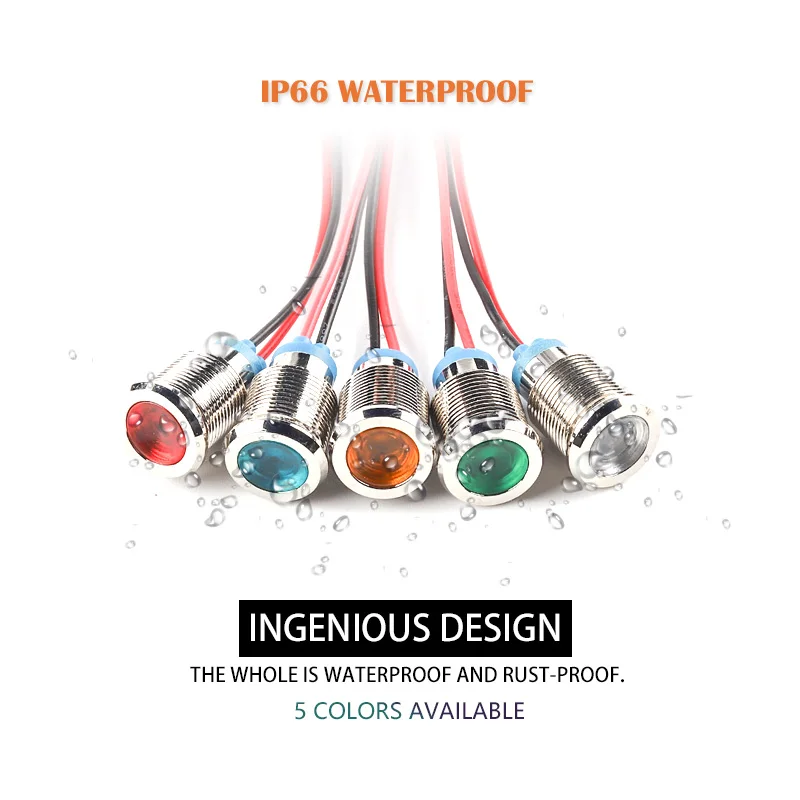 Voyant LED étanche en métal avec fil, lampe de signalisation, IP66, 6mm, 8mm, 12mm, 16mm, 19mm, 22mm, 6V, 12V, 24V, 110V, 220V