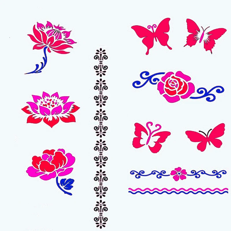 Kit de plantillas de tatuaje de Henna, 12 hojas, diseños autoadhesivos de mariposa/pluma/flor para pintura corporal, plantillas temporales