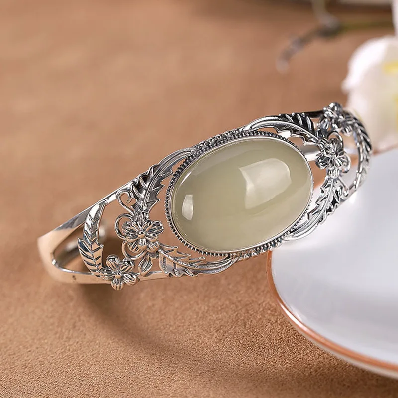 

Solide Sterling Siliver S925 Bangle Hetian Jade Retro Personality Plum Temperament Women's Opening Thai Silver Bracelet