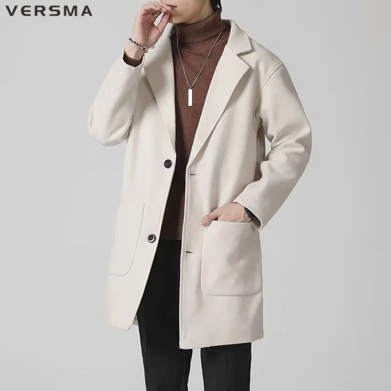 VERSMA British Style Winter Black Duffle Wool Long Jackets Coats Men Solid Color Long Wool Trench Coat Men Overcoat Dropshipping