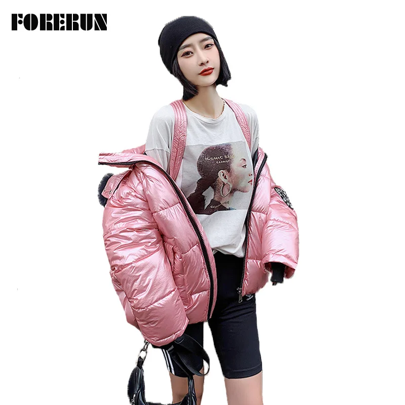 FORERUN Oversized Winter Jacket Women Puffer Coat  Fur Hooded Jackets Glossy Casual Parkas Thicken Abrigos Mujer Invierno 2019