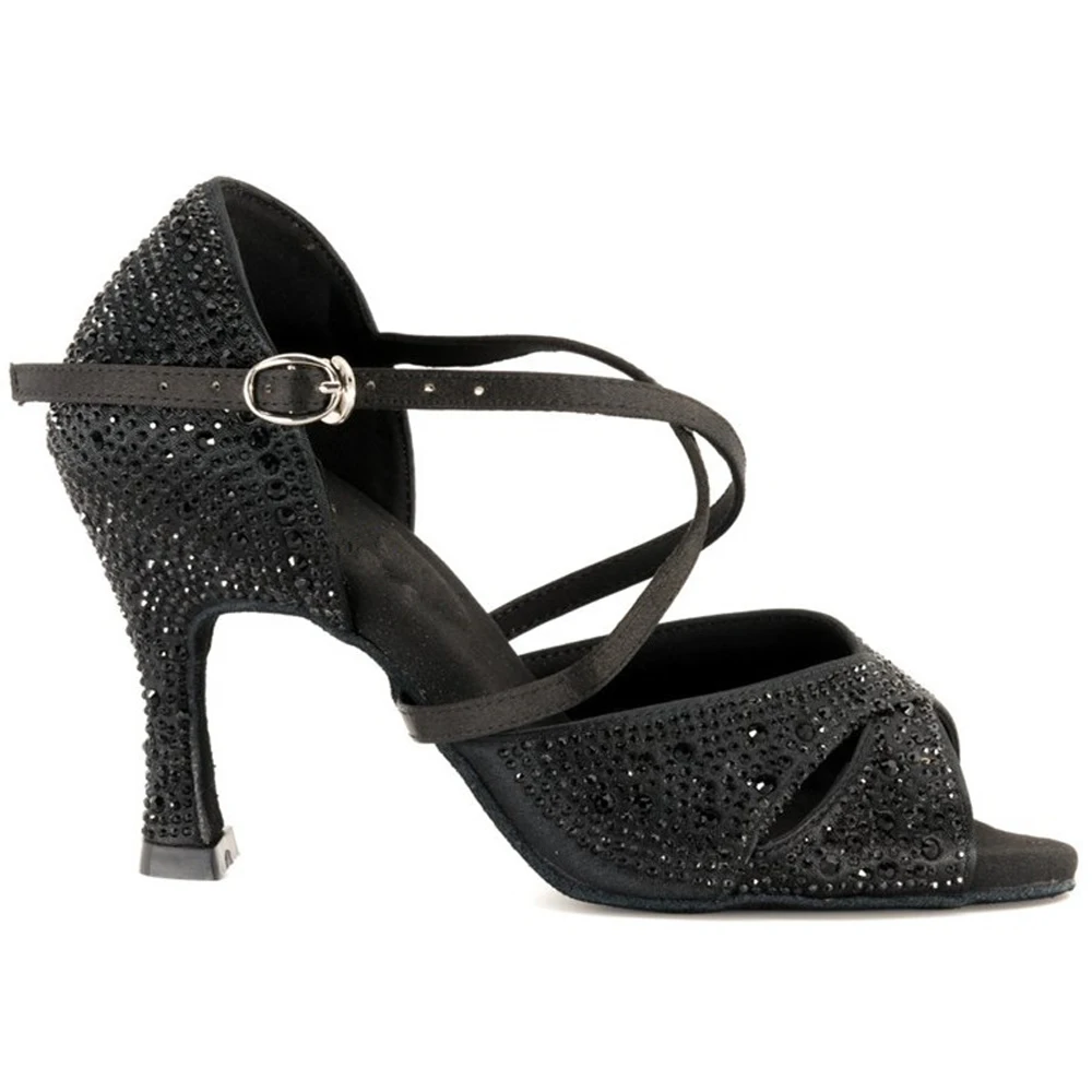 Evkoodance Practice Black Rhinestone Latin Dance Party Shoes Customsize Ladies Salsa Ballroom Dance Shoes for Women 5-10cm Heel