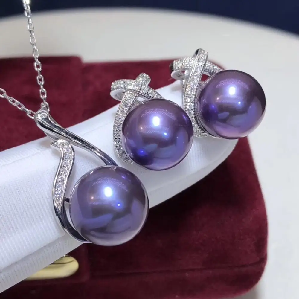 Fine Jewelry Pure 925 Sterling Silver Natural Fresh Water 8-12mm Purple Pearl Female's Jewelry Sets for Women FIne Jewelry Sets