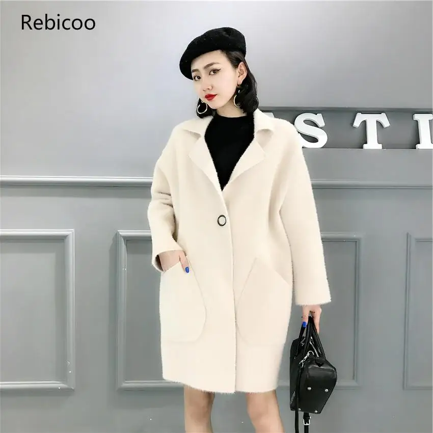 Artificial Mink Cashmere Comfortable Long Sweater  Winter Warm Cardigans knit Full Sleeve Office Lady Soft Tops Coat