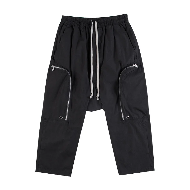 Harem gótico calças masculinas solta panturrilha comprimento gota virilha calças 2022 masculino hip hop moda zíper bolsos rendas até casual sweatpants