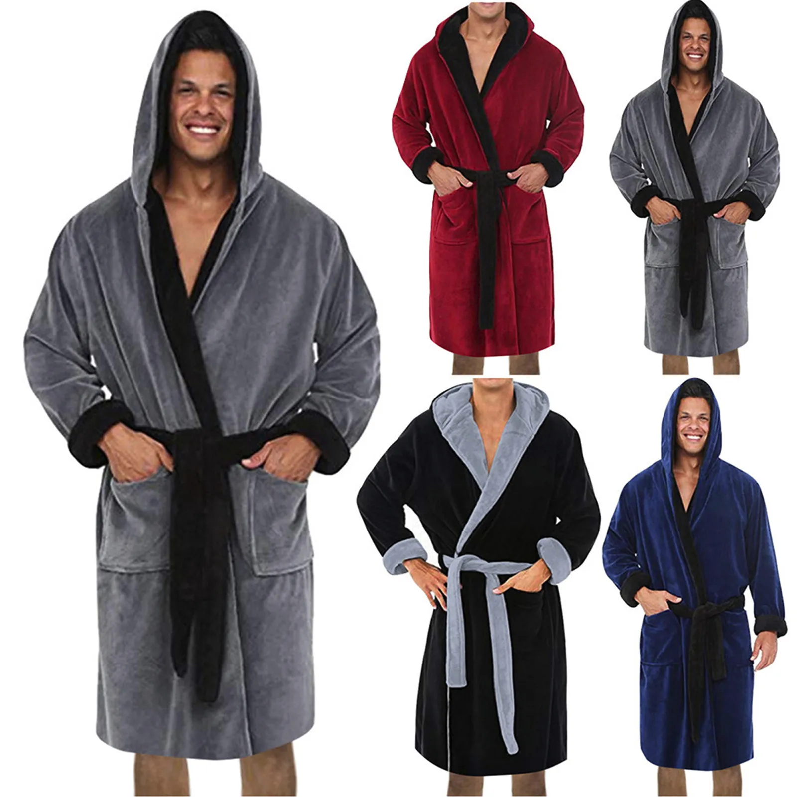 Men\'s Robe Coat Bathrobe 2021 Autumn Winter Solid Hooded Nightgown Plush Shawl Bathrobe Home Clothes Long Sleeved Robe Coat