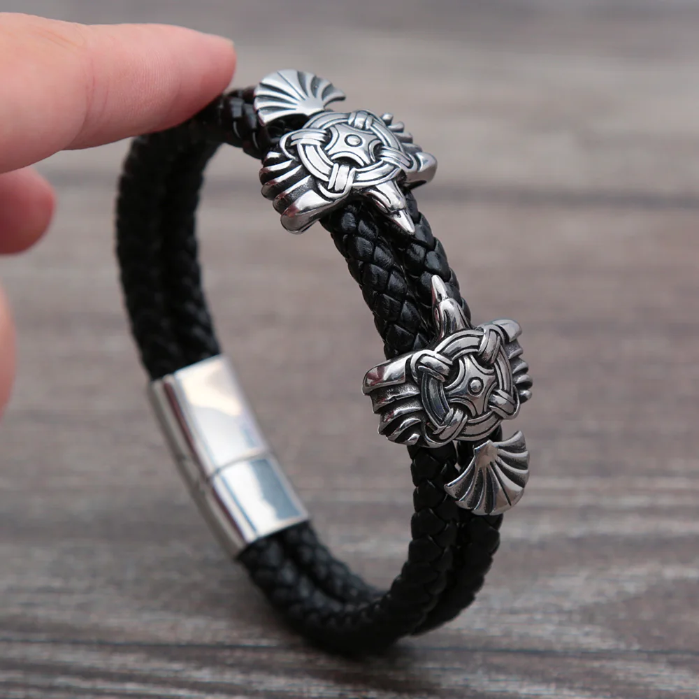 Vintage Odin Crow Bracelet Men Nordic Stainless Steel Celtics Knot Leather Bracelet Biker Amulet Fashion Jewelry Gift Wholesale