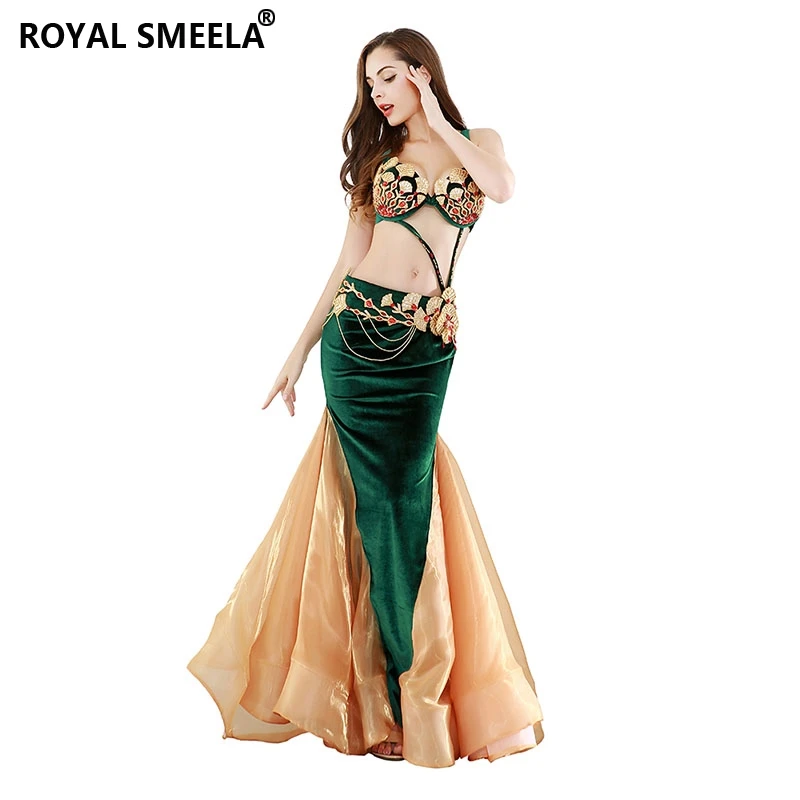 Women stage belly dance costume set sexy belly dancing wear bra belt fishtail skirt long mermaid costumes 3pcs bellydance dress